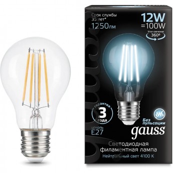 Лампа GAUSS FILAMENT А60 12W 4100К Е27 LED 1/10/40 Лампа GAUSS FILAMENT А60 12W 4100К Е27 LED 1/10/40
