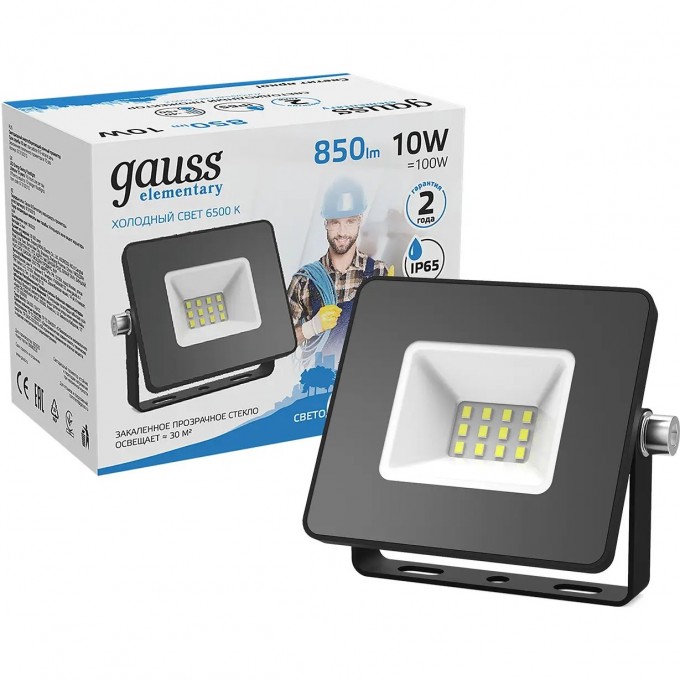 Прожектор GAUSS ELEMENTARY 10W 850lm 6500К 200-240V IP65 черный LED 613100310