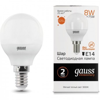 Светодиодная лампа GAUSS LED ELEMENTARY GLOBE 8W E14 3000K Светодиодная лампа GAUSS LED ELEMENTARY GLOBE 8W E14 3000K